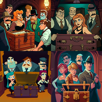 Clue murder mystery, cartoon, around a chest lots of locks, weapons, sinister